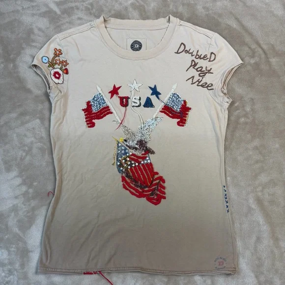 Double D Ranch Play Nice U S A Patriotic Embroidered Tee Size Medium - Picture 1 of 13